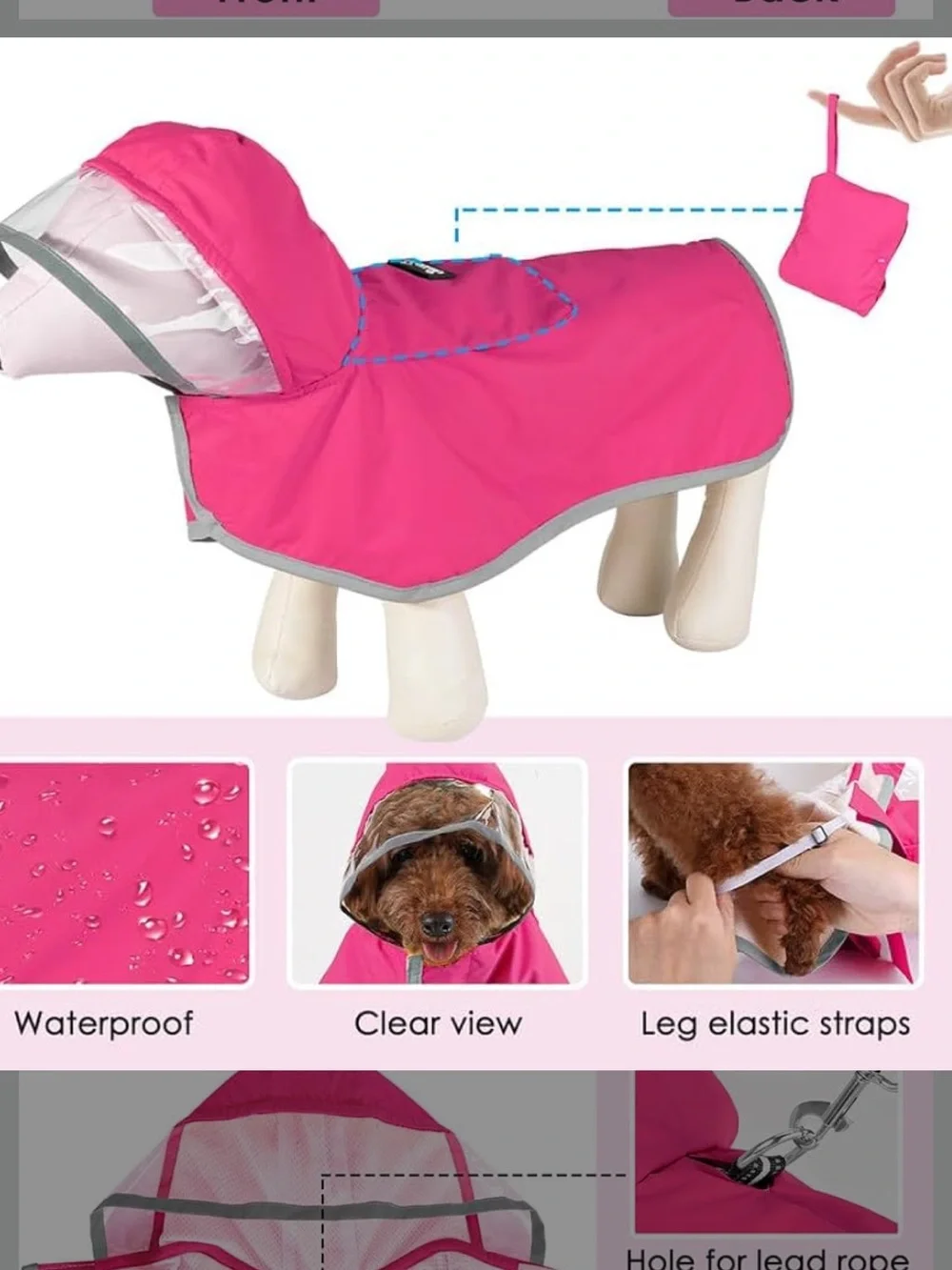 Waterproof Pink Dog Raincoat with Hood - Brand built in storage pocket
